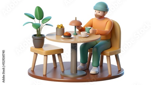 3d render of man enjoying coffee and pastry at a small table isolated on white background