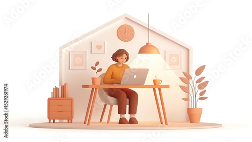 Woman working on laptop at home office desk minimalist 3d illustration isolated on white background