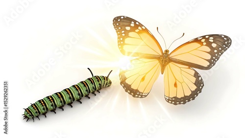 Caterpillar transforming into butterfly metamorphosis isolated on white background