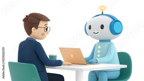 Businessman meeting with a friendly robot assistant using laptop isolated on white background