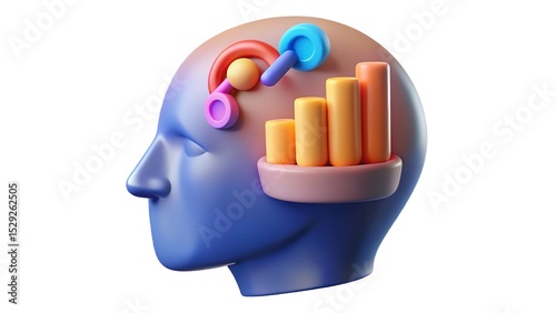 Abstract 3d head with colorful charts and graphs isolated on white background
