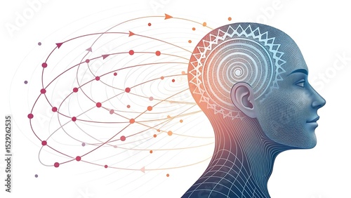 Abstract profile of a human head with network connections isolated on white background
