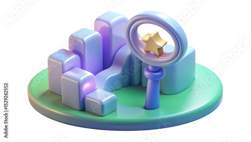 3d render of abstract chart with magnifying glass and star isolated on white background