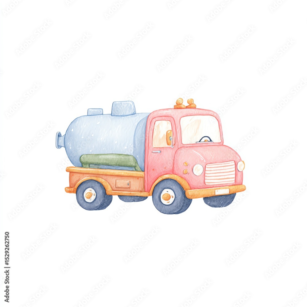 Naklejka premium Charming Watercolor Illustration of a Cute Little Tank Truck, Ready for Adventure