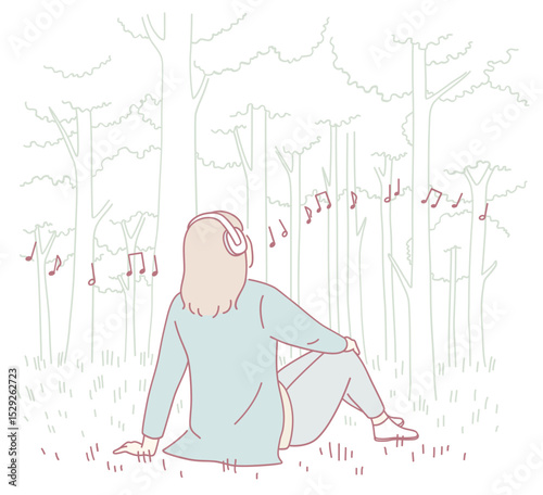 A serene and peaceful scene of a person delightfully enjoying music in a tranquil forest setting, surrounded by nature