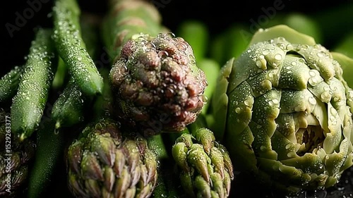 Fresh green asparagus and artichokes glistening with water droplets, close up macro studio shot