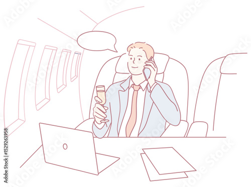 A welldressed professional in a stylish suit makes an important business call while sipping a drink on a private jet