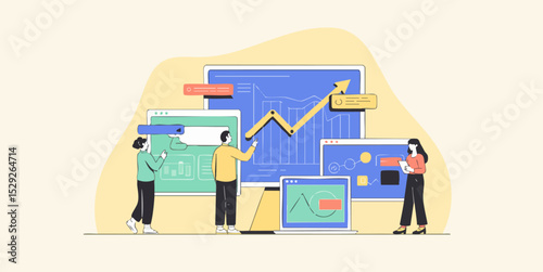 team analyzing data charts on screens, vector illustration for business growth analysis and strategic marketing planning
