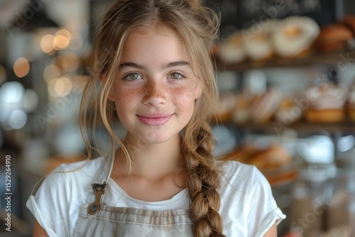 A smiling girl poses in a bakery surrounded by fresh baked goods, capturing the joy of culinary creation and the cozy warmth that comes with the art of baking.