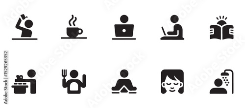 set of simple, black and white icons depicts various daily routines vector art on white
