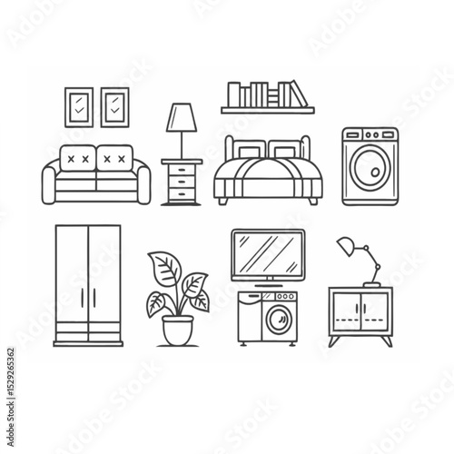 Home Furniture and Appliance Outline Icons Set
