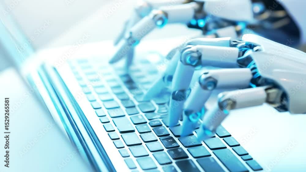 AI Robot Hands Typing Fast on Laptop Keyboard: Future Technology, Robotic Process Automation (RPA), Machine Learning, Digital Transformation Concept. 4K Video Footage