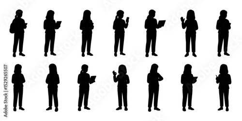1Silhouette set of businesswomen in various professional poses. Female office workers standing with digital devices and making gestures. Clean black vector illustration isolated on white background