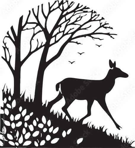 A striking black and white silhouette of a majestic buck standing alert in a forest clearing, enclosed within a circular frame. This nature-inspired deer design is perfect for outdoor-themed apparel, 