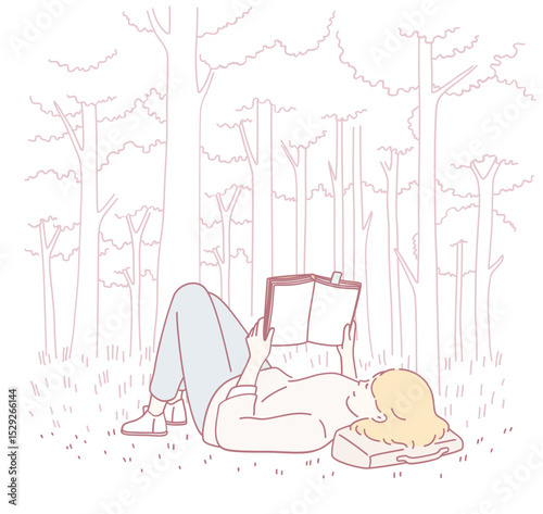 A peaceful scene shows a woman engrossed in a book in the tranquil woods, illustrating relaxation and calm