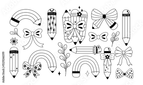 Coquette pencil bow clipart set, Black and white teacher pencil doodle, Back to school hand drawn vector illustration in flat style
