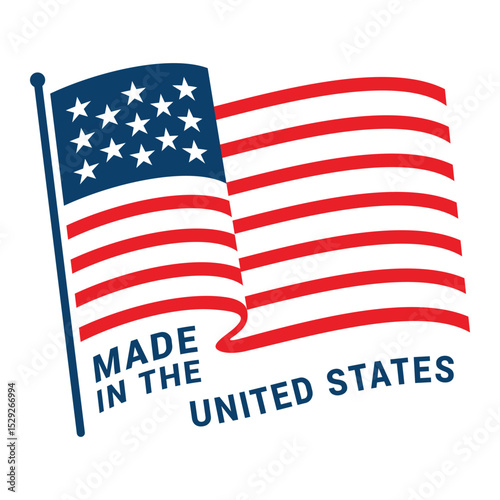 A vector sign featuring a waving American flag with the phrase Made in the United States written on it, symbolizing American manufacturing and craftsmanship.