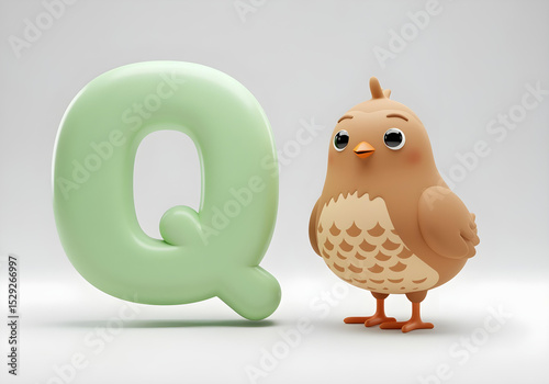 A cute cartoon Quail next to light Green letter Q