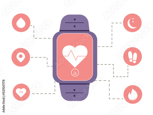 Smartwatch with Health and Fitness Tracking Icons in Flat Style
