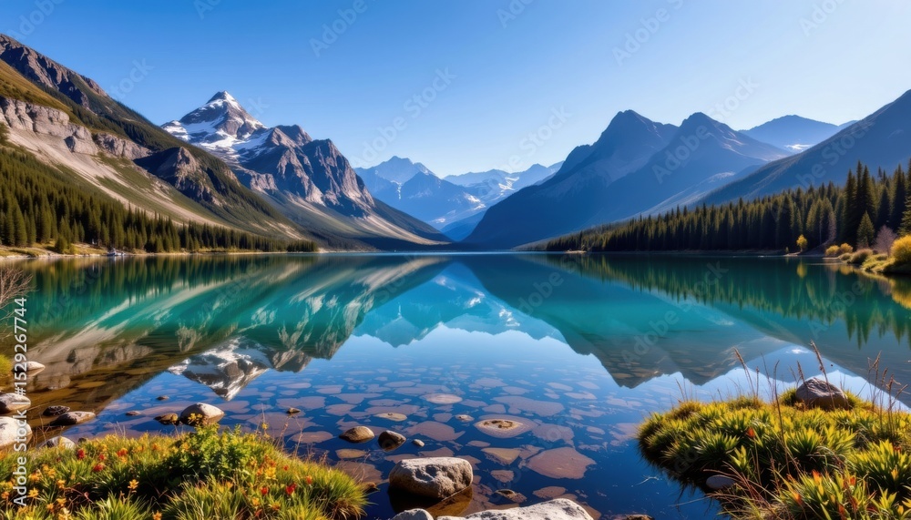 Obraz premium Serene mountain lake reflecting majestic peaks under a clear blue sky