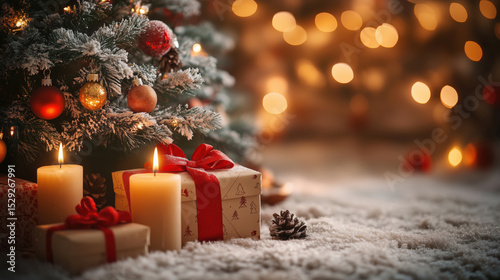 Christmas tree with glowing candles, red and gold baubles, and wrapped gifts resting on snowy carpet in warm festive lighting. Cozy and magical holiday atmosphere.