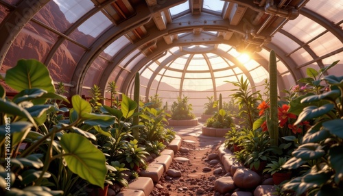 A stunning greenhouse interior with thriving plants basking in sunlight