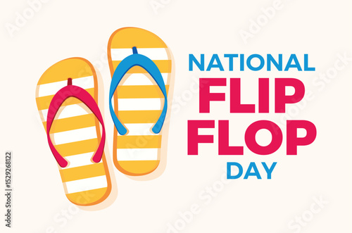 National Flip Flop Day poster vector illustration. Colored summer casual flip flop sandals vector. Colorful rubber flip flops drawing. Template for background, banner, card. Important day