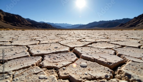 A cracked earth landscape under a bright, sunny sky, emphasizing the arid conditions