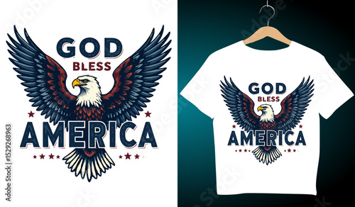God Bless America T-Shirt Design: Patriotic Bald Eagle Graphic Tee for American Pride & Independence Day Apparel, Vector Illustration