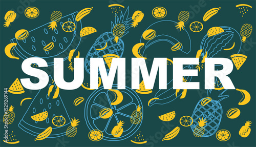 Seamless pattern of watermelon, pineapple, and tropical fruits – flat vector