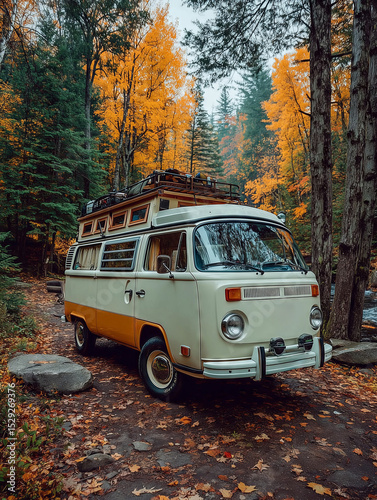 Retro campervan nestled in vibrant autumn foliage near tranquil off-grid retreat
