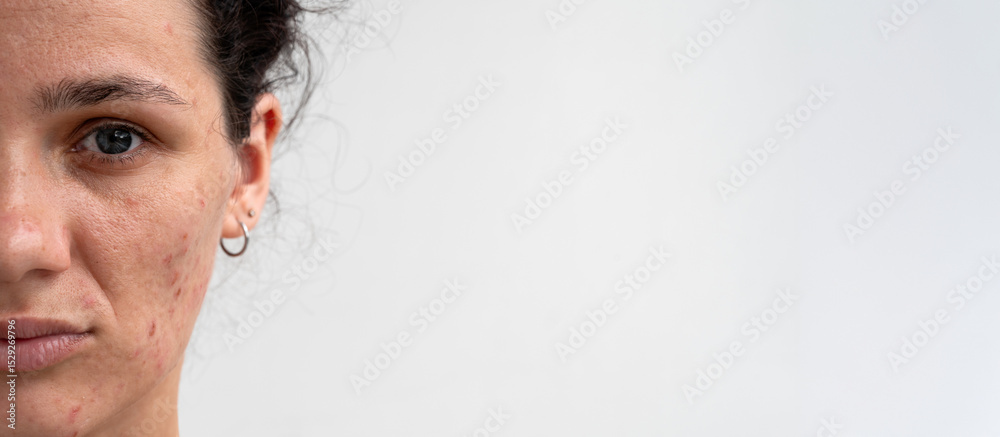 Fototapeta premium Close-up portrait of a young Caucasian woman with skin problems - pimples, acne, enlarged pores. A place for your text.