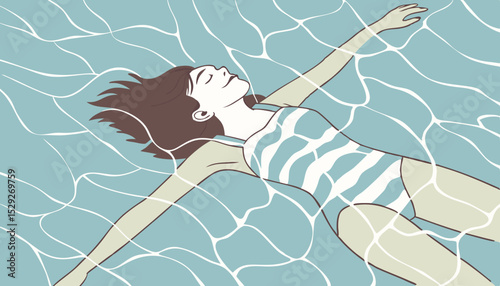 Vector illustration of a woman in a swimsuit floating on her back in a swimming pool with her hair spread out in the water. The scene conveys a sense of calm, relaxation, and summer leisure           
