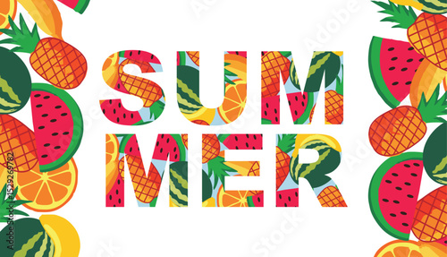 Seamless pattern of watermelon, pineapple, and tropical fruits – flat vector
