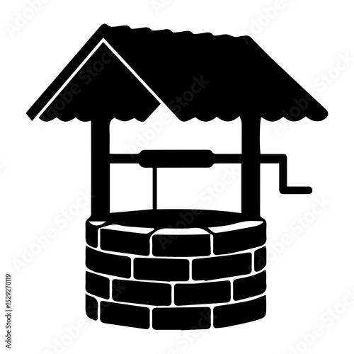 Silhouette of Antique Luxury Water Well – Decorative Traditional Stone Well Vector

