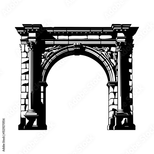 Silhouette of Antique Concrete Tunnel Entrance – Arched Historic Passageway Vector

