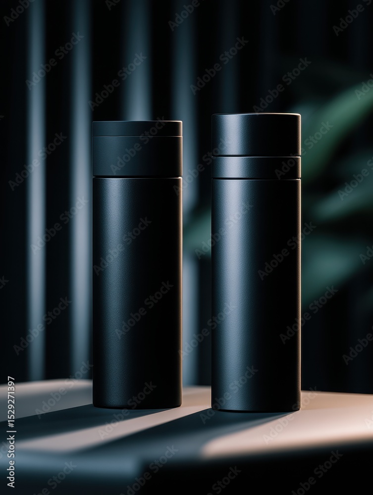 Fototapeta premium Two sleek black thermoses positioned on a table with soft lighting and blurred foliage in background
