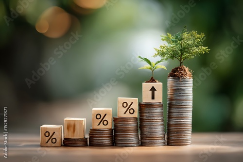 Increasing Coin Stacks with Percentage Blocks and Sproutlings on Wooden Surface
