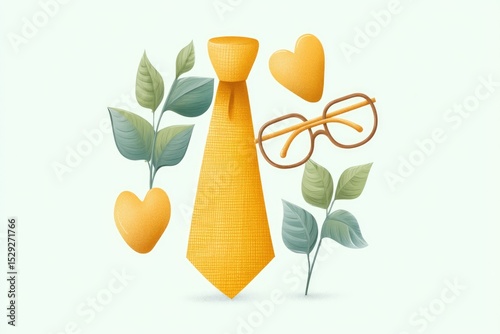 Hand-drawn Fathers Day Greeting Card Featuring a Yellow Tie, Glasses, and Hearts Surrounded by Leaves for a Heartfelt Celebration