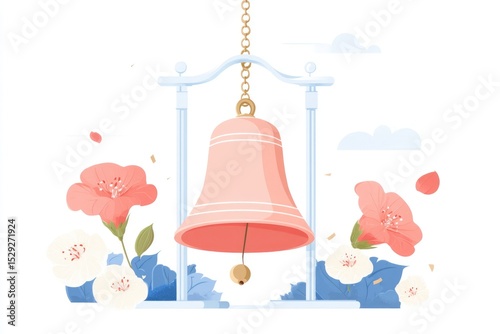 Detailed Flat Color Vector of an Emancipation Bell Surrounded by Vibrant Flowers in a Bright Setting
