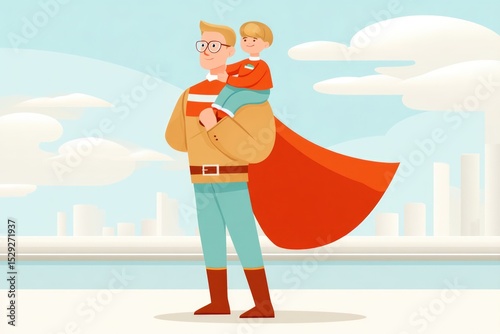 Superhero Dad Carries Son on Shoulders in a Vibrant Flat Design Illustration Set Against a City Skyline