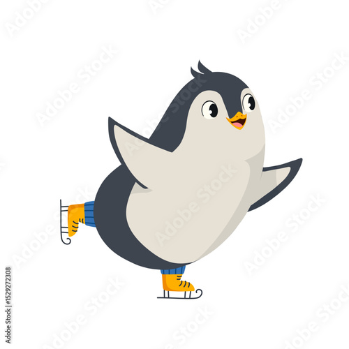 Playful penguin gliding on ice in bright yellow skates. Cute and simple vector graphic with festive winter vibes. Great for digital media, holiday branding, product packaging and merchandise design.