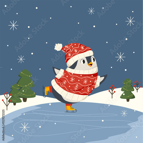 Cute penguin skating in a red sweater and hat, gliding on ice with snowflakes around. Winter landscape with Christmas trees in the background. Illustration for greeting cards, banners and print.