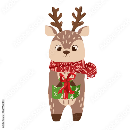 Christmas deer in clothes with Christmas present. Vector illustration for stickers and holiday-themed projects. Ideal for digital designs, wrapping paper, greeting cards, and gifts