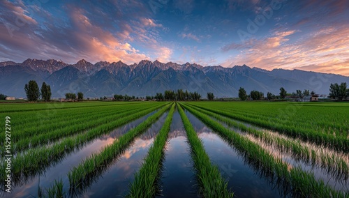 Sunrise Over Mountainous Farmland With Water Reflections