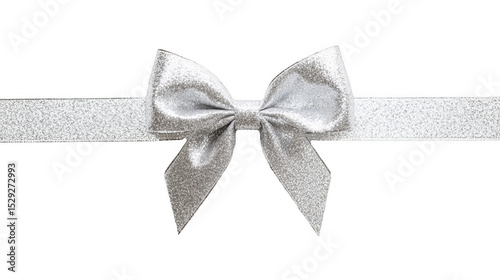 Glittering silver ribbon bow, horizontal orientation on a transparent background, PNG image, PNG file.
