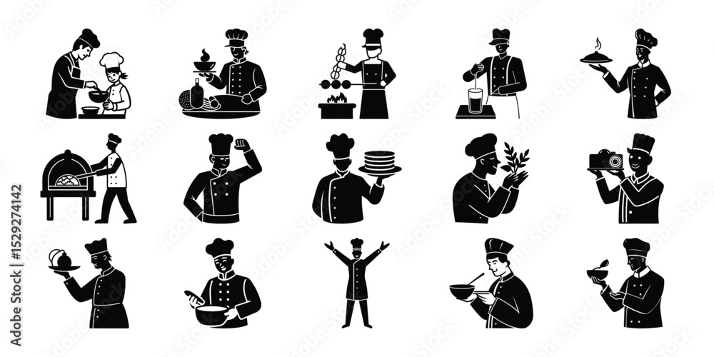 Obraz premium Minimalist Flat Illustration of a Chef Cooking for Restaurant Use