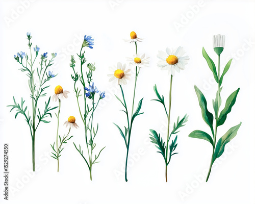 Watercolor ai-generared illustration of a Wildflower Collection. Isolated on a white background