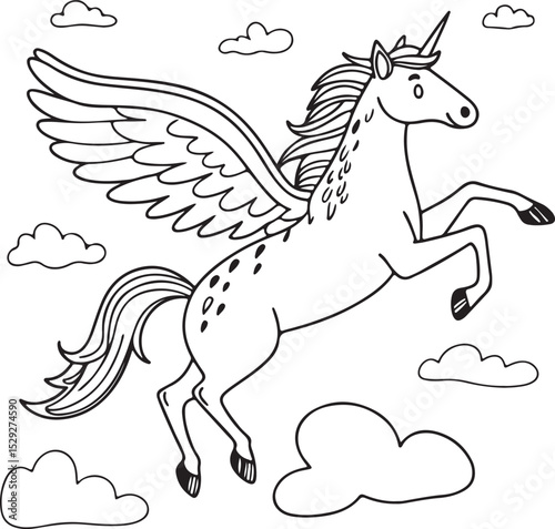 Doodle-style flying pegasus among clouds with light whimsical lines, charming sketch style for dreamy sky-themed art