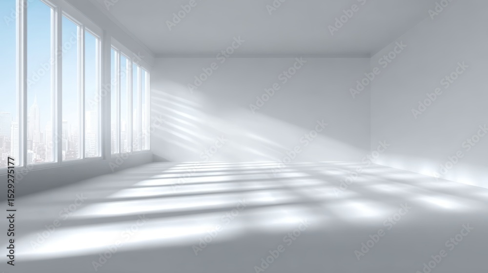 Naklejka premium Bright Minimalist Room with Illuminati Shadows, Tranquil Workspace, Soft Light Effects